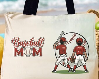 Personalized Baseball Mom Tote Bag Cosmetic Bag Two Player Custom Name Game Day Tote Team Mom Gift Baseball Totebag Baseball Bag