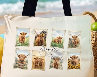 Personalized Highland Cow Tote Bag Custom Name Cow Bag, Cottagecore Farm Animal Gift, Vintage Highland Cow Cosmetic Bag Gift For Farm Girl