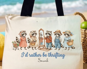 Funny Raccoon Tote, I’d Rather Be Thrifting Tote Bag,  Thrifting Mom Gift, Vintage Aesthetic Bag, Quirky Thrift Shopper Gift