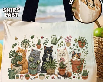 Plant Lover Cat Tote Bag Cute Garden Cats Canvas Tote Plant Mom Gift Plant Lover Gifts Cottagecore Gardener Bag Gardening Moms