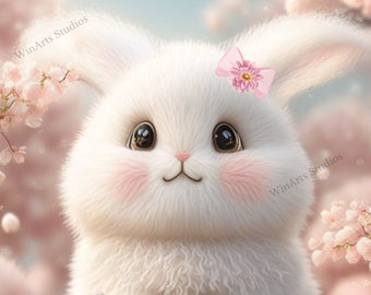 Cute Easter Bunny Rabbit in Garden of Flowers Art Printable, Digital Instant Download, Digital Print, AI Generated, Wall Art, Cute Animal