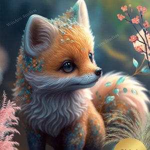 Cute Whimsical Fox Orange Green Jewels Nursery Art Printable, Digital ...