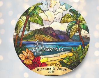 Personalized Hawaii Christmas  Ornament Faux Stained Glass Ornament Custom Gift for Couples Family Vacation Ornament Hawaii Gifts Tropical