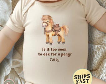 Personalized Too Soon To Ask For A Pony Onesie® Custom Name Onesie® Pregnancy Reveal Bodysuit Newborn Baby Shower Western Cowboy Cowgirl