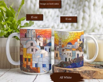 Personalized Santorini Mug Stained Glass Art Lakes Landscape Sunset Unique Mug Nature Lover Mug Outdoor Santorini Greece Scenic Cup