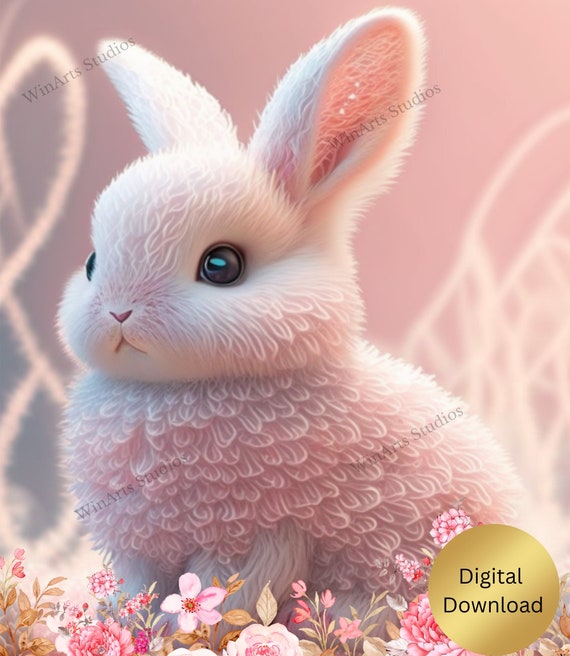 Cute Bunny Rabbit in Pink Flowers Nursery Art Printable - Etsy ...