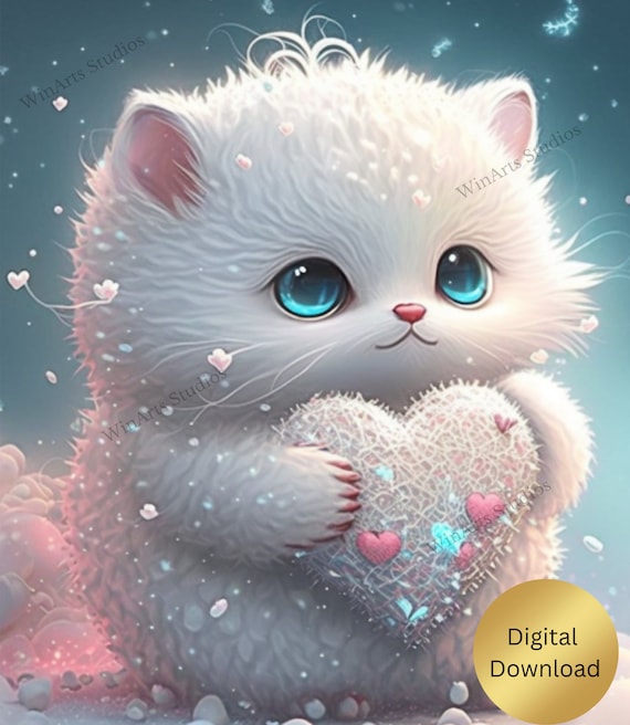 Cute Cat Heart Snow Nursery Art Printable, Digital Instant
