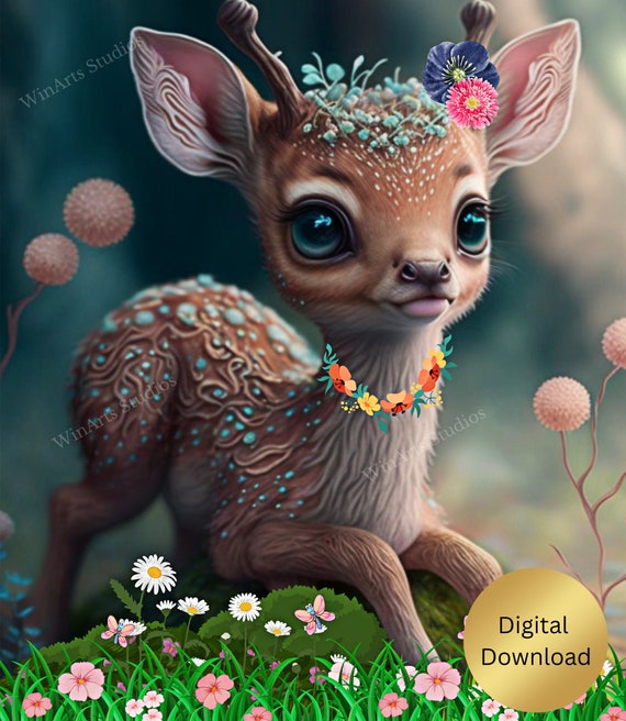 Cute Whimsical Deer in Forest Nursery Art Printable, Digital Download,  Digital Print, AI Generated, Wall Art, Cute Animal, Instant Download 