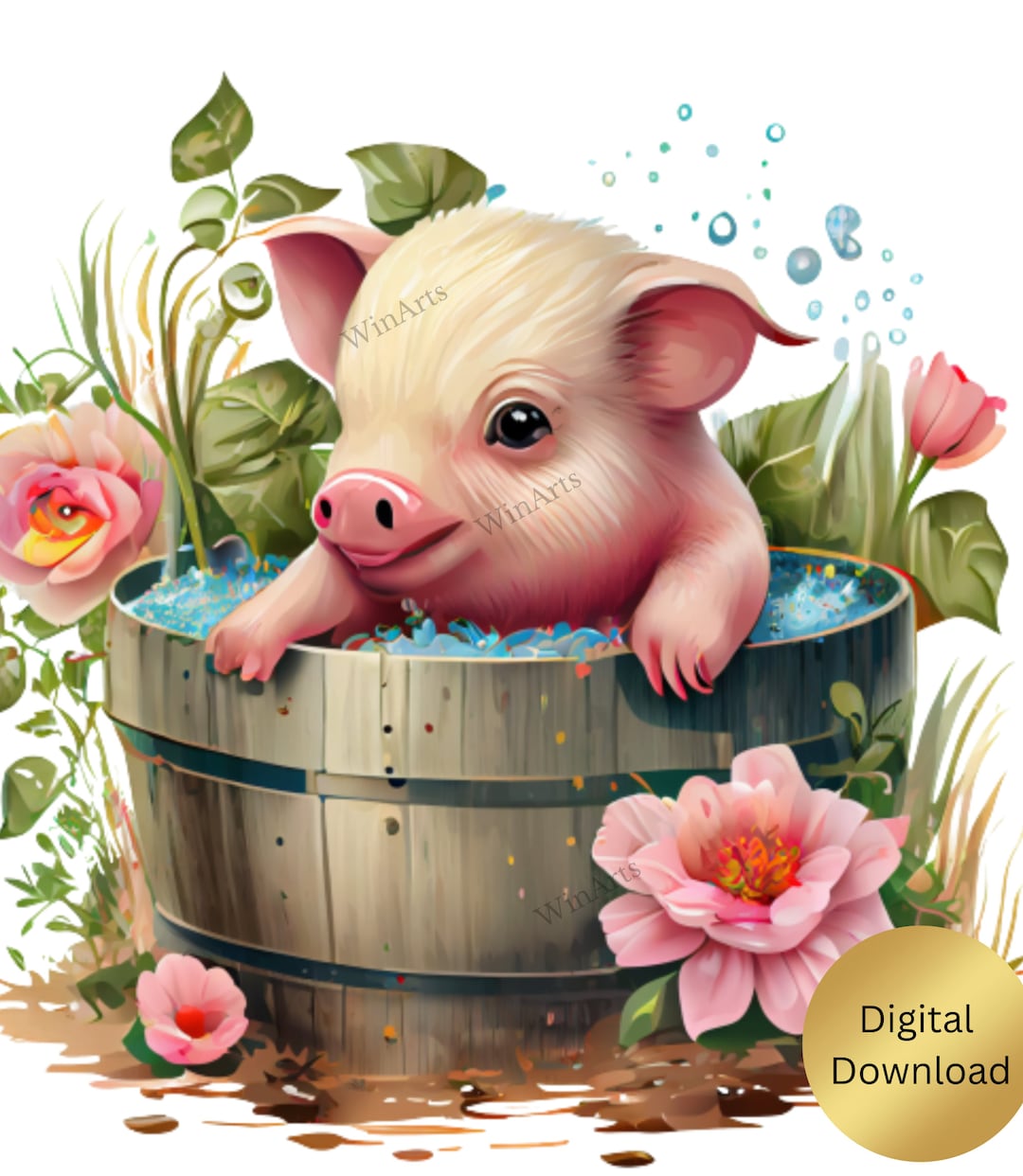 Pig Art Cute Baby Pig in a Bucket Farm Animals Transparent Etsy