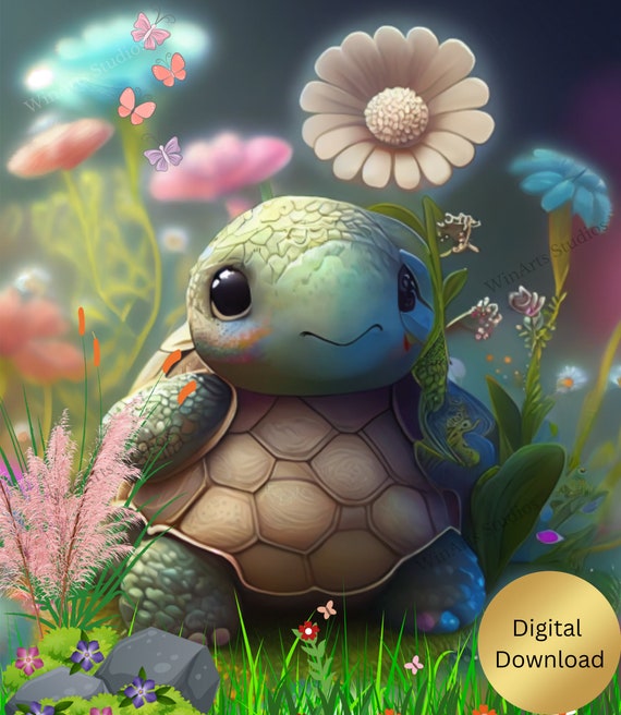 Turtle Wall Art Cute Whimsical Turtle Tortoise in Garden Printable, Nursery  Digital Instant Download, Digital Art Nursery Decor 