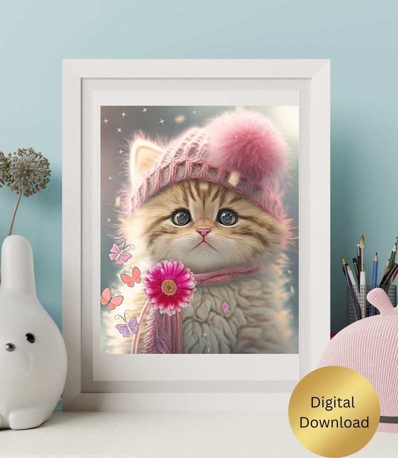 Kitten Wall Art Cute Cat Pink Knit Hat and Scarf Nursery Art Printable