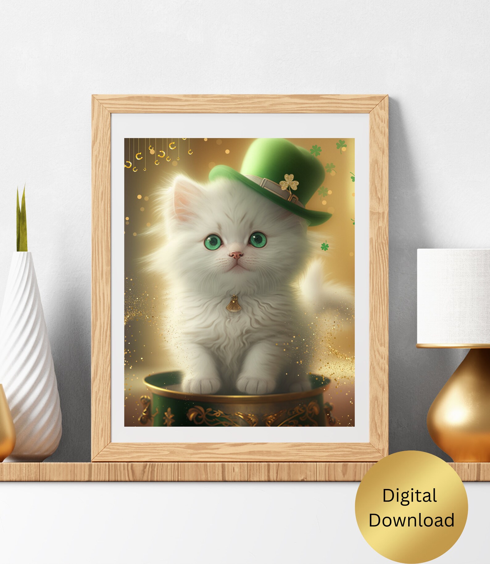 St. Patrick's Day Cat Wall Art Cute Kitten With Pot of Gold Rainbow