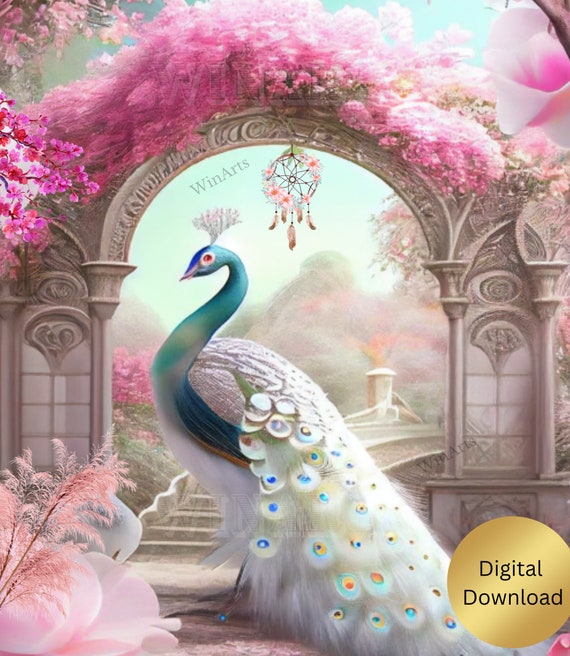 Peacock Art Beautiful White Peacock Pink Flowers Printable, Digital Instant  Download Wall Art PNG Journal Scrapbooking Cards Invitations - Etsy