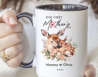 Personalized Our First Mother's Day Mug Custom Name for Mom First Time Mom Gifts First Mother's Day Gifts From Baby Cute Deer Mug Mom & Baby