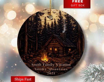 Personalized Mountain Cabin Ornaments Carved Wood Effect Ornament Camping Ornament Family Vacation Ornament Mountain Christmas Ornament