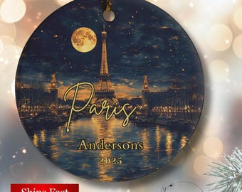 Personalized Paris Eiffel Tower Christmas Ornament Paris Watercolor Ornament Holiday Keepsake Paris France Gift Ornament Paris Night Scene