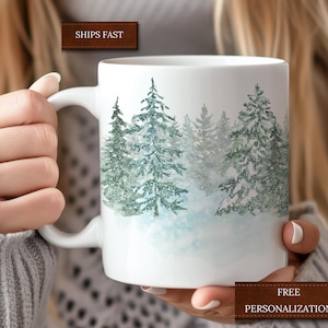 Personalized Winter Forest Mug Snow Landscape Christmas Trees Holiday Mug Outdoor Adventure Mug Deer Landscape Winter Mug