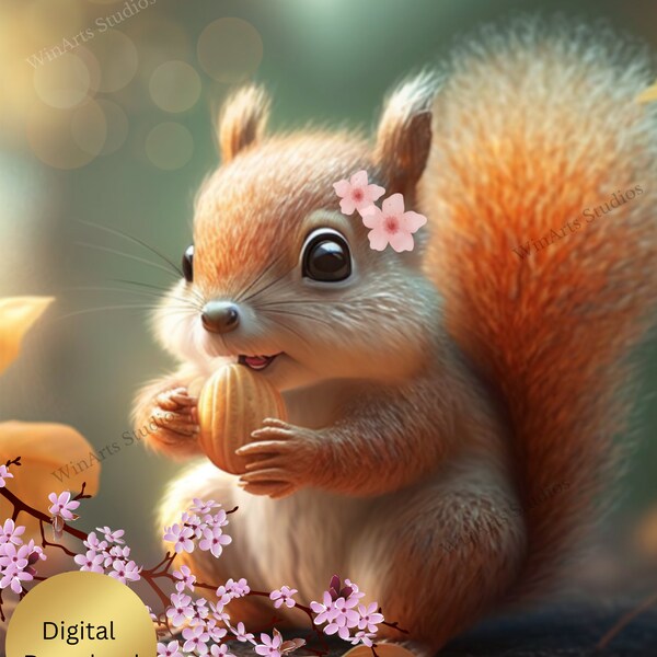 Squirrel Wall Art - Linda ardilla bebé comiendo nueces, flores rosas, imprimible, Nursery Digital Instant Download, Digital Art Nursery Decor