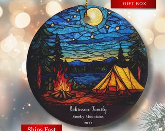 Personalized Tent Camp Ornament Camping Gift Starry Night Christmas Ornament Faux Stained Glass Outdoorsy Gift Hiking Campfire Gift