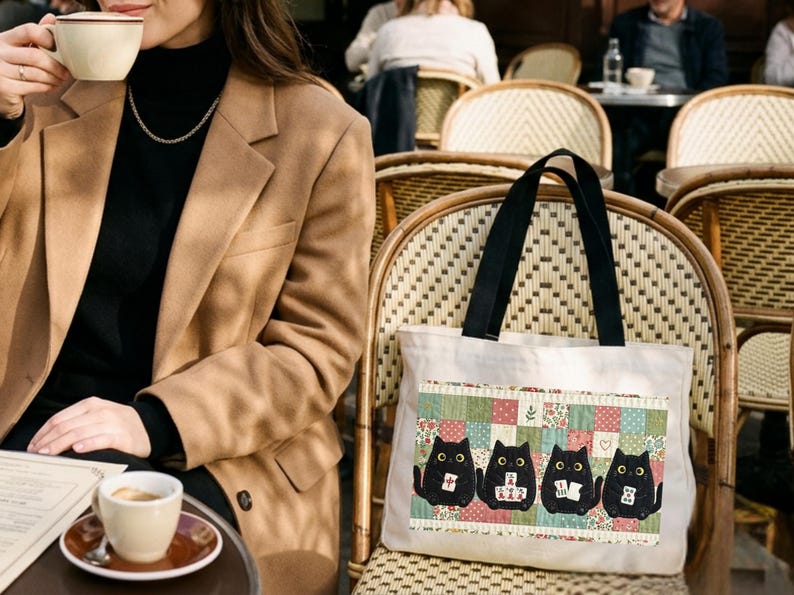 May include: A white canvas tote bag featuring a rectangular graphic print of four black cats sitting in a row against a colorful patchwork background. The cats are depicted with large yellow eyes and each holds a small white tile with red symbols.