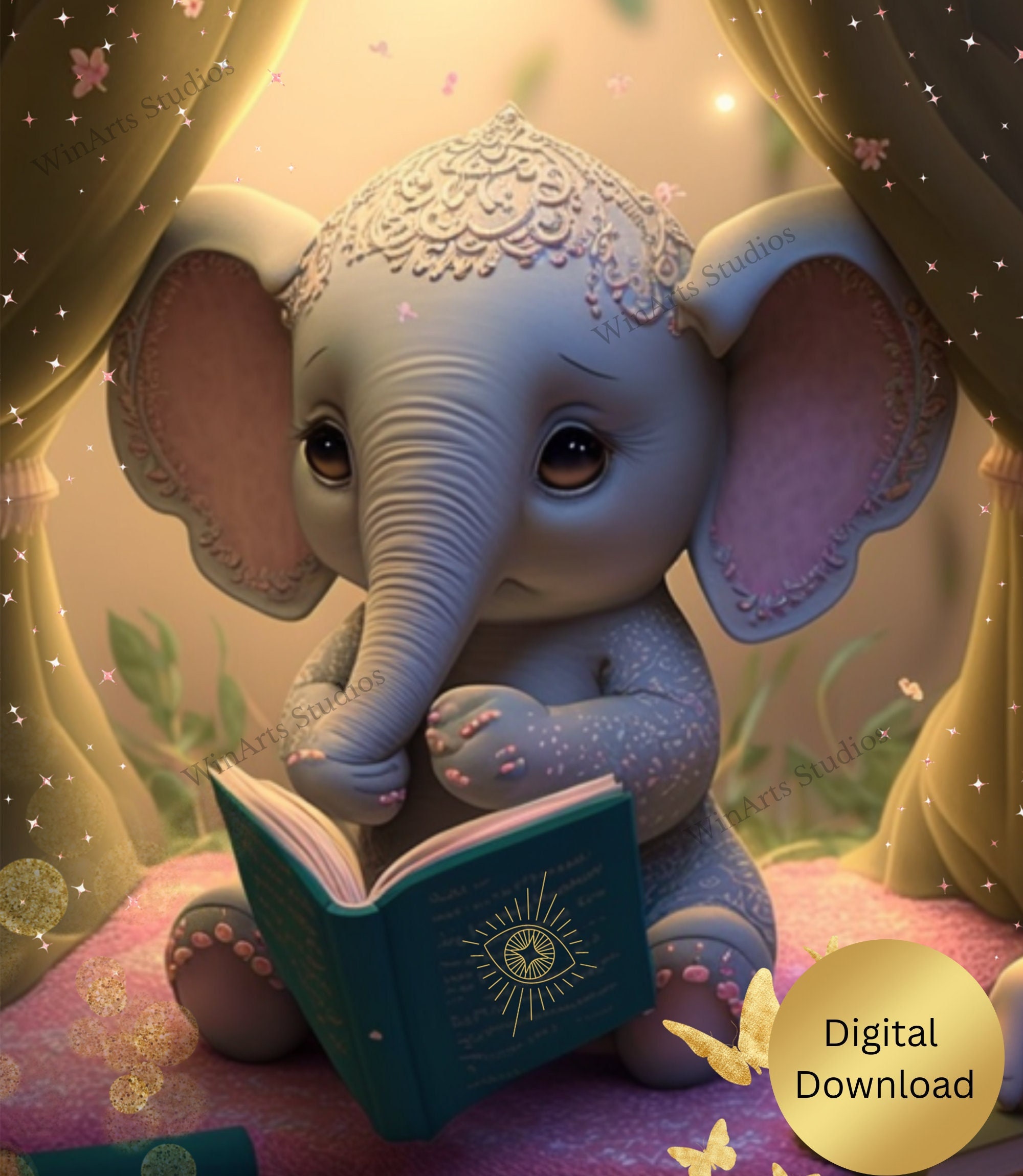 Cute Baby Elephant Reading a Book Nursery Art Printable - Etsy