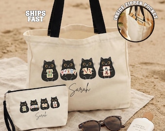 Mahjong Cat Tote Bag, Cute Black Cat Game Night Tote, Kawaii Mahjong Lover Gift, Cat Mom Gift, Board Game Bag