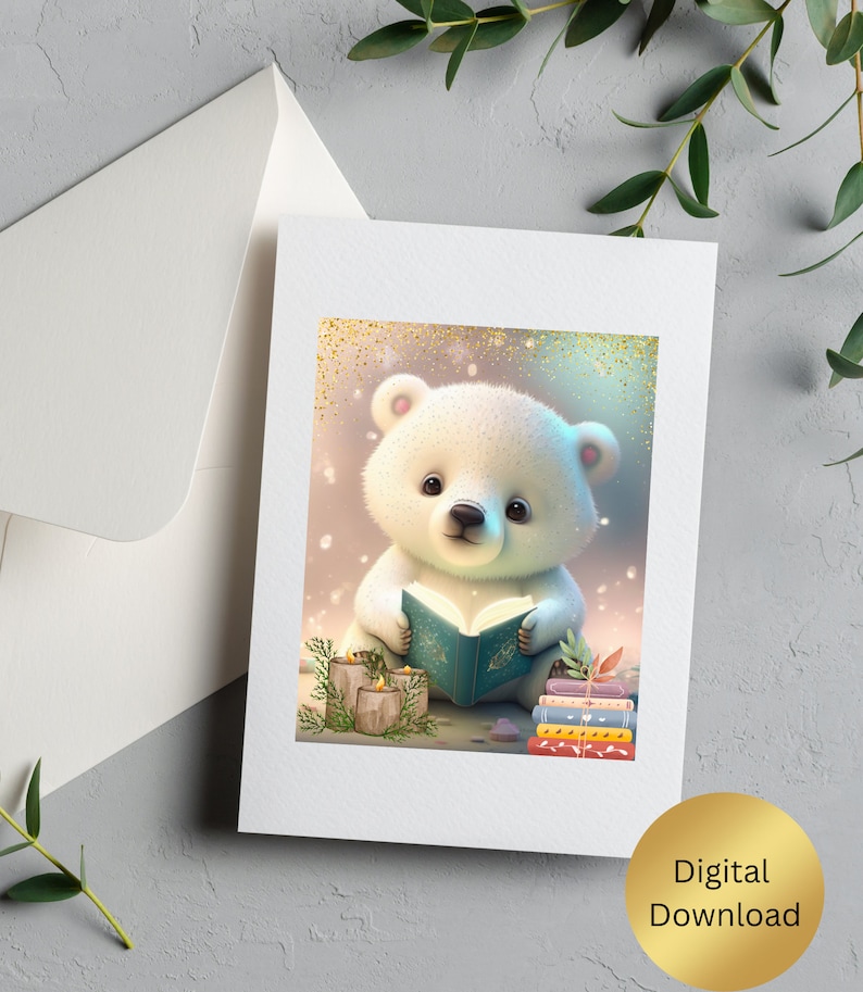 Cute Polar Bear Reading a Book Nursery Art Printable Digital - Etsy