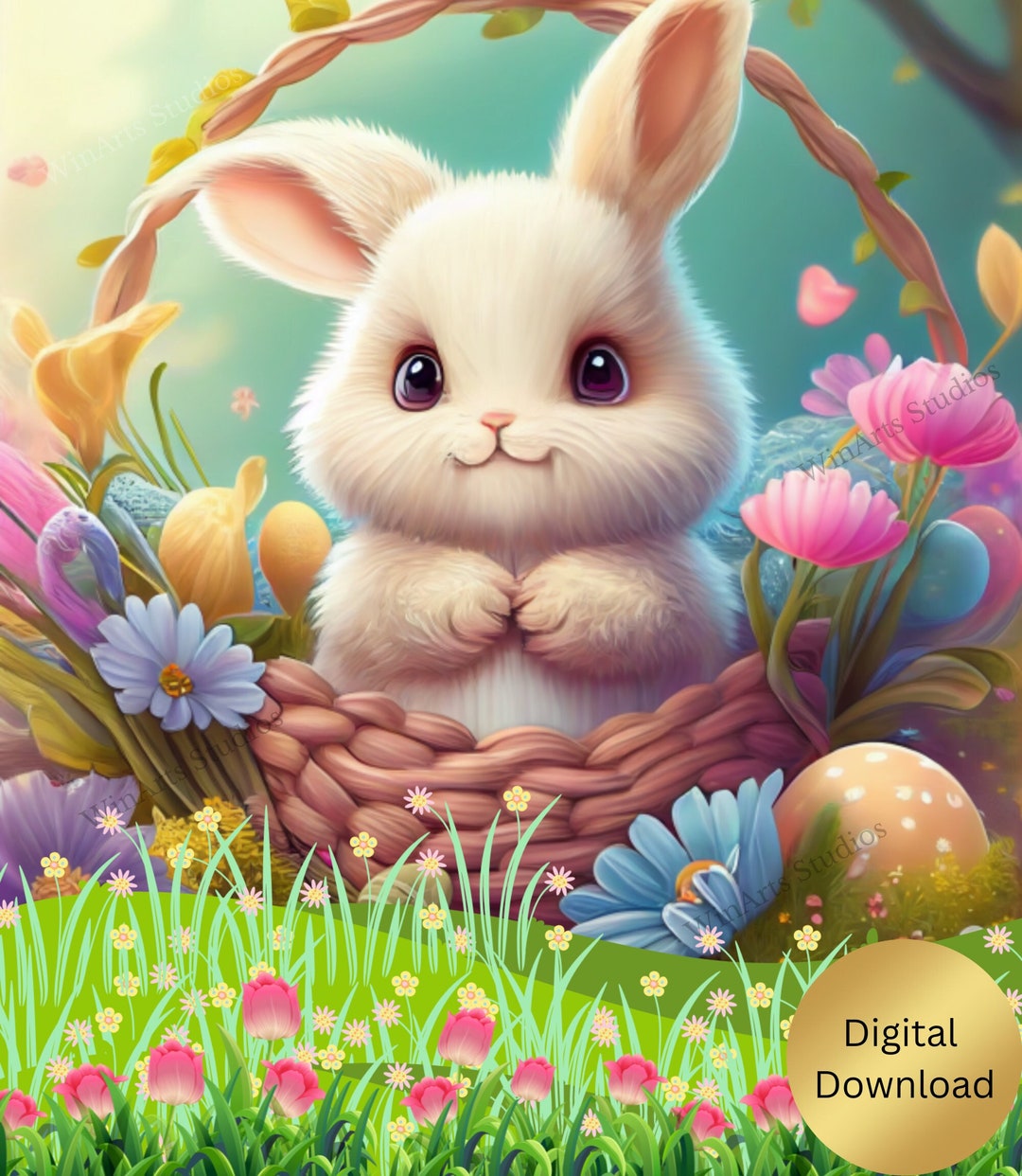 Rabbit Wall Art Cute Easter Bunny Rabbit in Garden Colorful Flowers