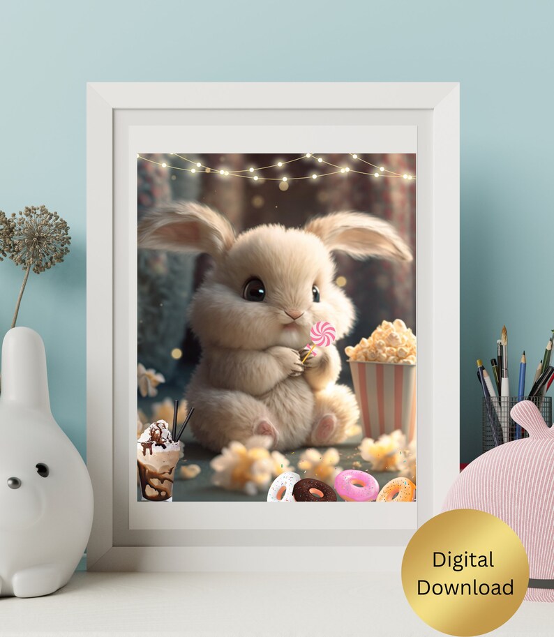 Rabbit Wall Art Cute Rabbit Eating Popcorn Printable, Nursery Digital