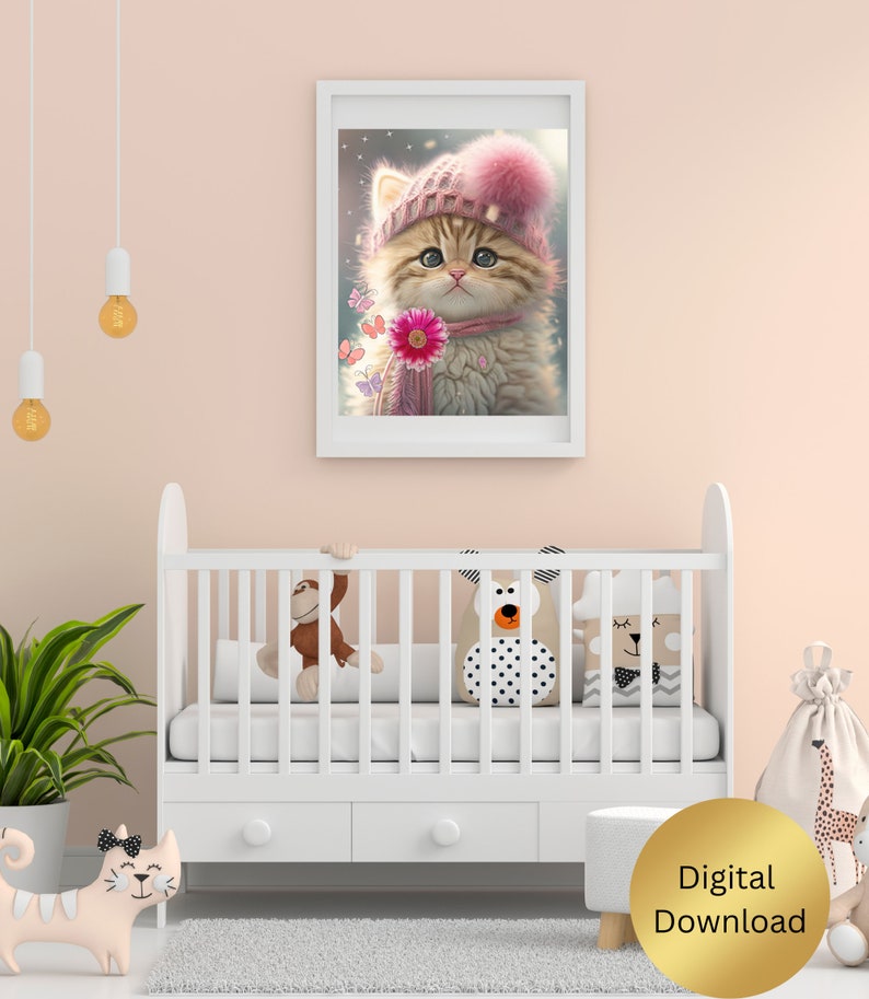 Kitten Wall Art Cute Cat Pink Knit Hat and Scarf Nursery Art Printable