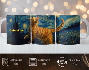 Personalized Starry Winter Night Orange Cat Mug  Cute Cat Mug Holiday Gift Idea Orange Cat Mug Gift for Cat Mom Cat Dad Gift for Cat Lovers