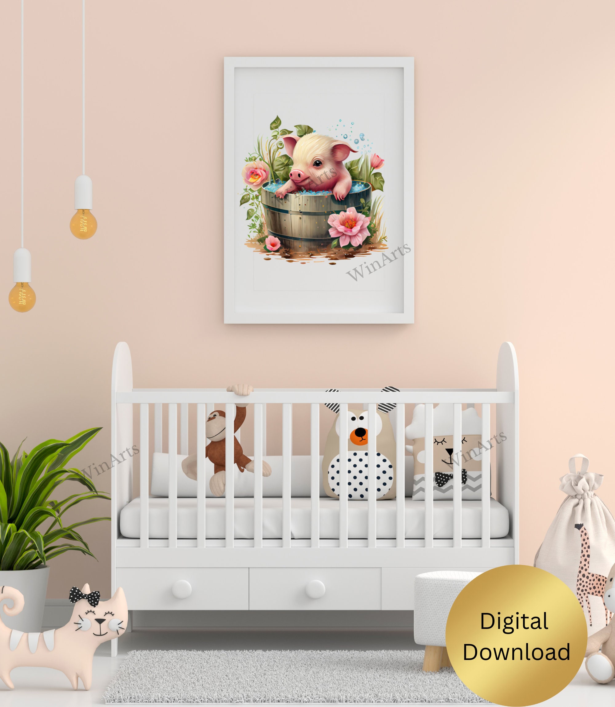 Pig Art Cute Baby Pig in a Bucket Farm Animals Transparent Etsy