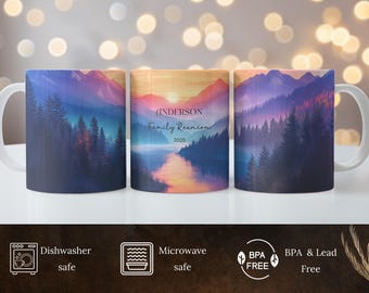 Personalized Family Reunion Mug Lake Mountain Reunion Mug Watercolor Landscape Mug Scenic Reunion Mug Family Getaway Mug Sunset Mug