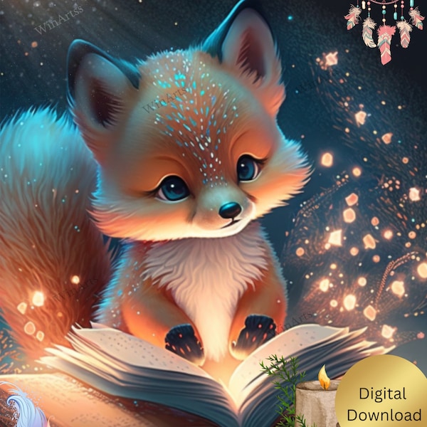 Fox Wall Art - Cute Fox reading a book Printable, Nursery Digital Instant Download, Digital Art Nursery Decor PNG