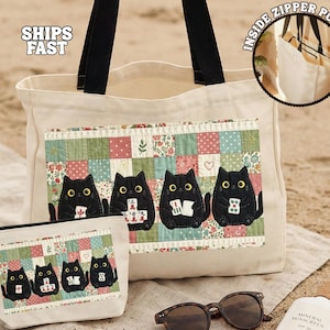 May include: A beige tote bag and matching pouch with a patchwork design featuring black cat illustrations. The tote bag has black handles and the text "INSIDE ZIPPER POCKET". Sunglasses and sunscreen are also visible.