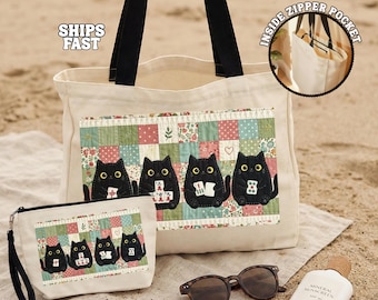 Mahjong Cat Tote Bag, Cute Black Cat Game Night Tote, Faux Patchwork Quilt Style Cat Lover Gift, Mahjong Player Bag Gift for Mahjong Lover