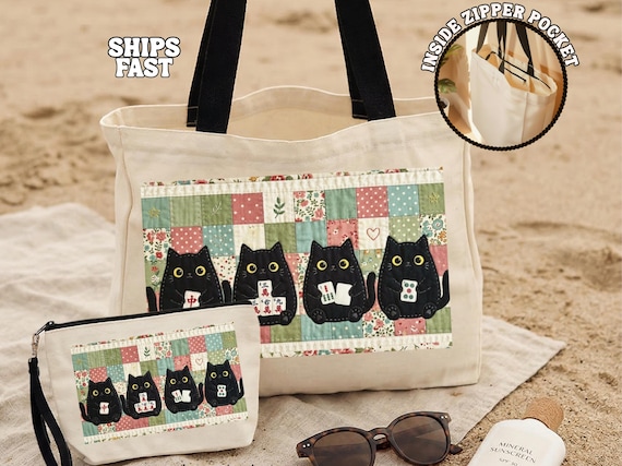 Mahjong Cat Tote Bag, Cute Black Cat Game Night Tote, Faux Patchwork Quilt Style Cat Lover Gift, Mahjong Player Bag Gift for Mahjong Lover