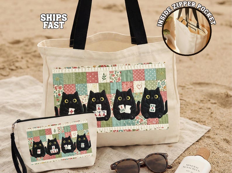 Mahjong Cat Tote Bag, Cute Black Cat Game Night Tote, Faux Patchwork Quilt Style Cat Lover Gift, Mahjong Player Bag Gift for Mahjong Lover image 1