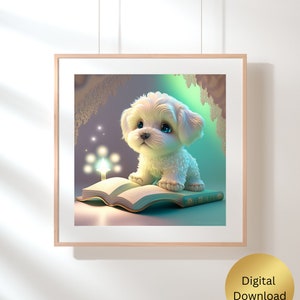 Cute Puppy Dog reading a book Nursery Art Printable, Digital Instant Download, Digital Print, AI Generated, Wall Art, Cute Animal image 3