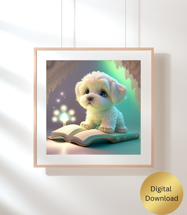 Cute Puppy Dog reading a book Nursery Art Printable, Digital Instant Download, Digital Print, AI Generated, Wall Art, Cute Animal image 3