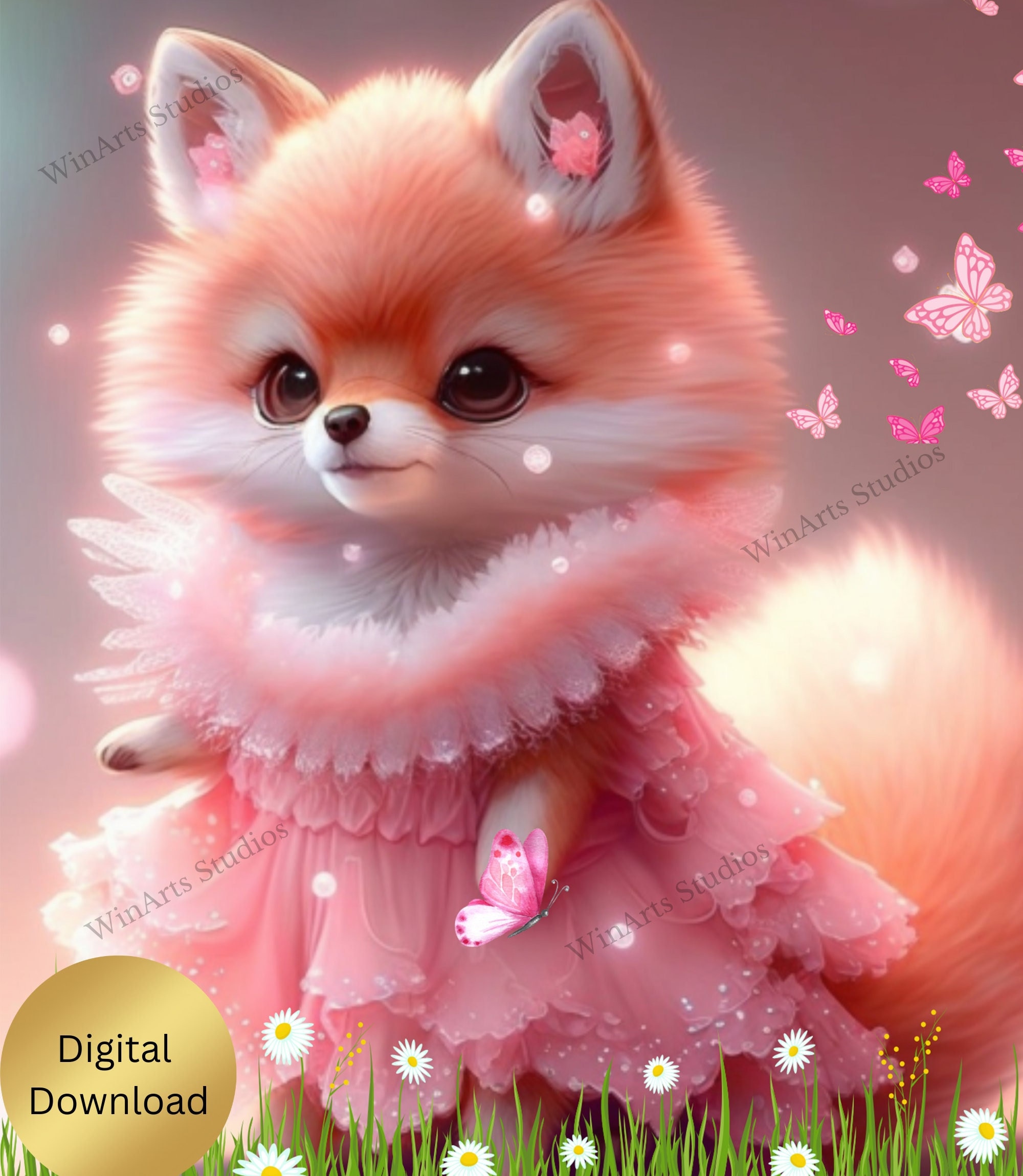 Cute Fox in Pink Dress Art Printable, Digital Instant Download, Digital