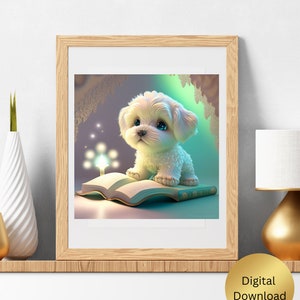 Cute Puppy Dog reading a book Nursery Art Printable, Digital Instant Download, Digital Print, AI Generated, Wall Art, Cute Animal image 4