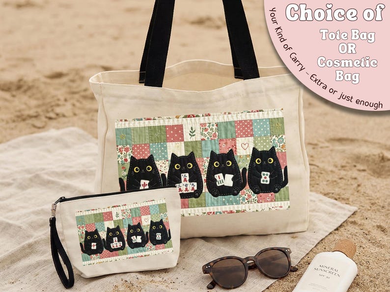 May include: A cream-colored canvas tote bag and a matching zippered cosmetic bag, both featuring a quilted-style patch with four black cats playing mahjong. The bags have black handles and straps, and the text Choice of Tote Bag OR Cosmetic Bag.