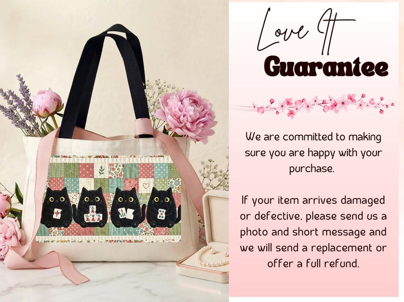 May include: A cream-colored canvas tote bag featuring a rectangular patch with a patchwork quilt pattern and four black cats holding mahjong tiles. The bag has black handles and light pink ribbons. Text on the right reads Love It Guarantee.