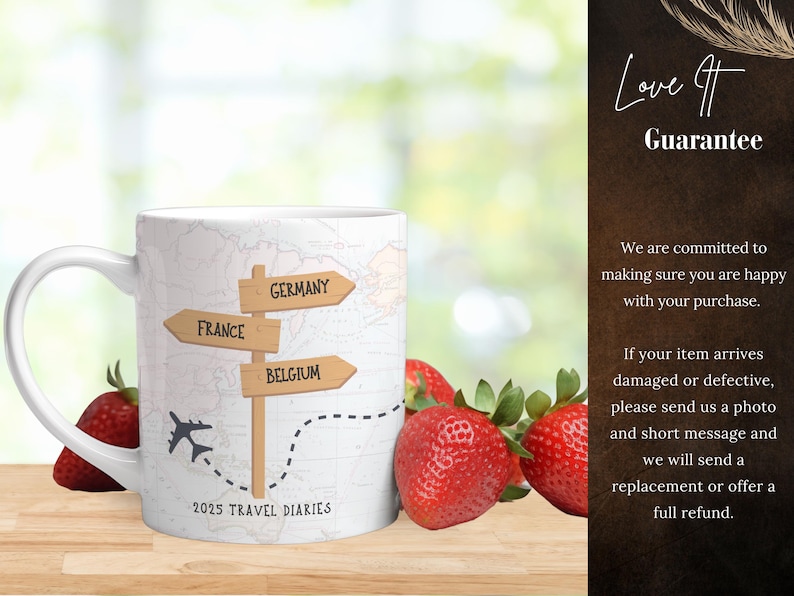 May include: White ceramic mug with a travel-themed design. The mug features a map with a dotted line and three wooden signs pointing to "France", "Germany", and "Belgium". The mug also has a small airplane graphic and the text "2025 Travel Diaries".