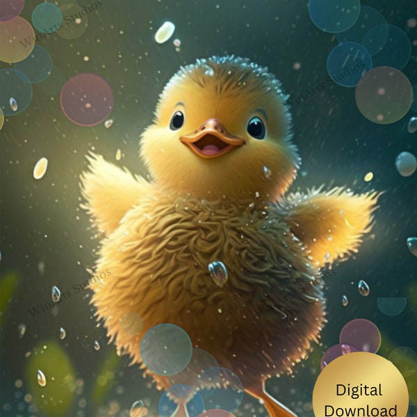 Cute Baby Duckling dancing in the rain Nursery Art Printable, Digital Instant Download, Digital Print, AI Generated, Wall Art, Cute Animal