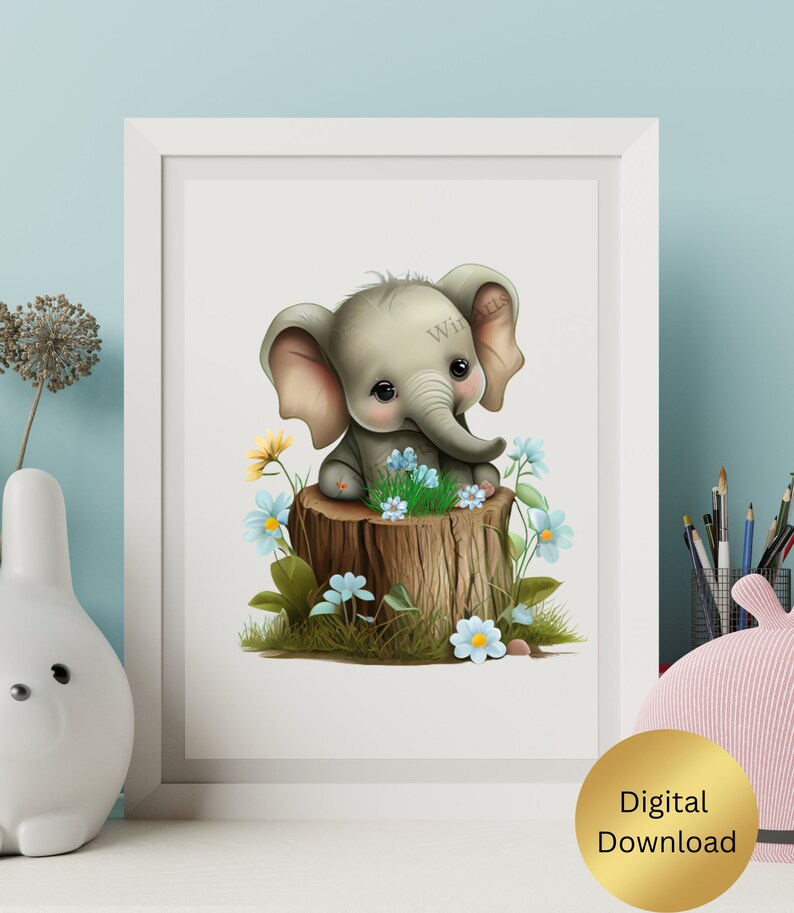 Baby Elephant Art Cute Baby Elephant Sitting on a Log Etsy