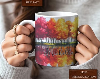 Personalized Rainbow Forest Mug Fall Trees Mug, Colorful Tree Mug Vibrant Nature Gift Fantasy Landscape Mug, Unique Coffee Cup Whimsical Mug