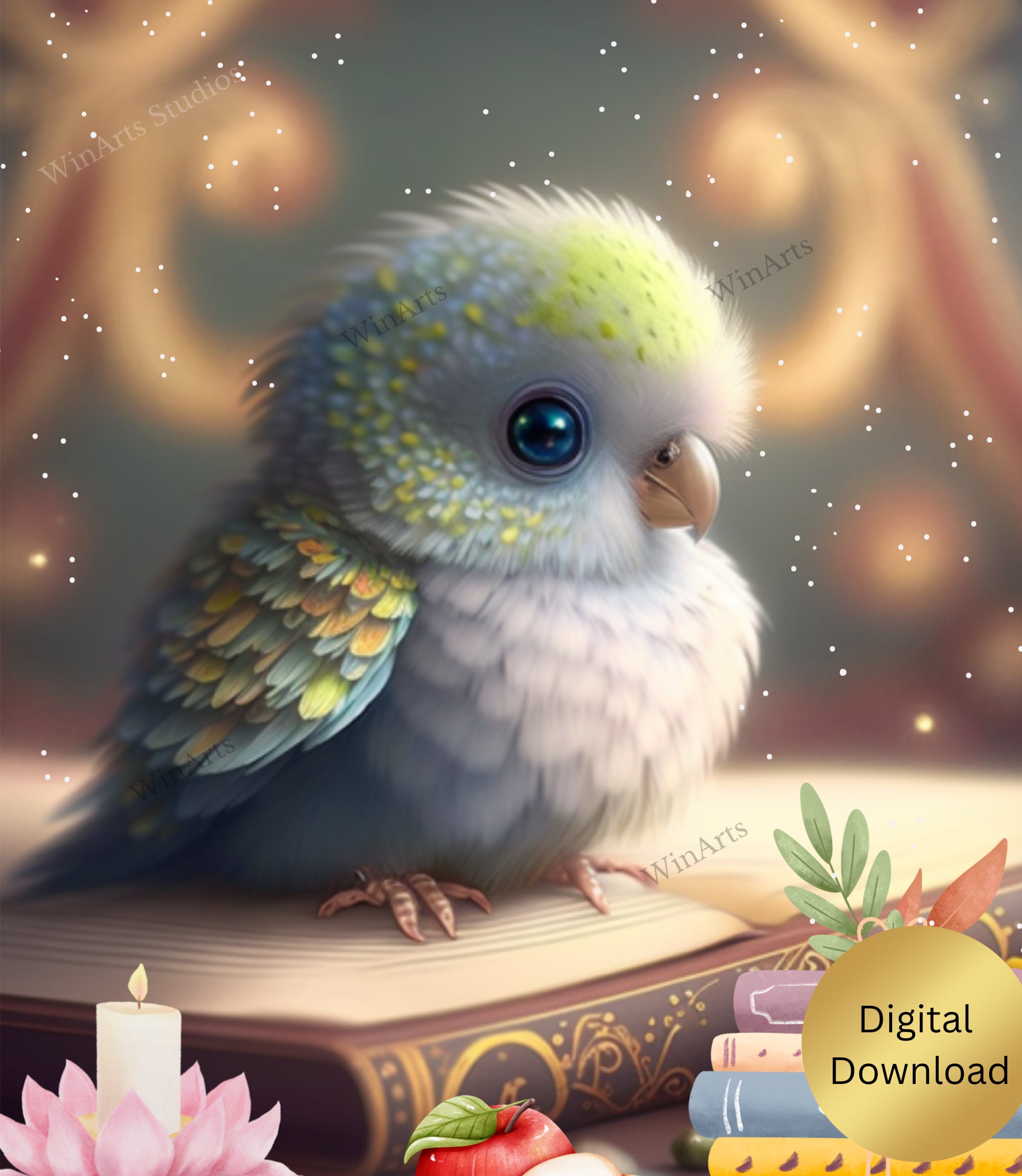 Parrot Wall Art Cute Baby Parrot Bird Standing on a Book Printable