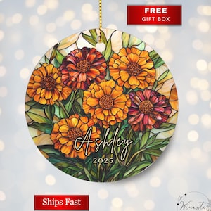 Personalized October Birth flower Ornament Faux Stained Glass Ornament Custom Gift For Oct Birthday Marigold Flowers Oct Birthday Ornament